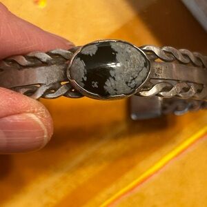 Vintage Native American Snowflake Obsidian and Onyx Silver Braided Cuff